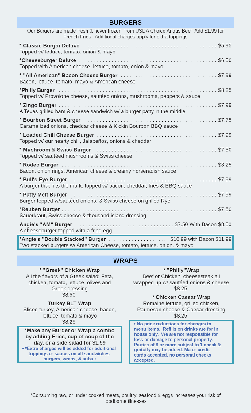 Full Menu – Angie's Diner & Lounge